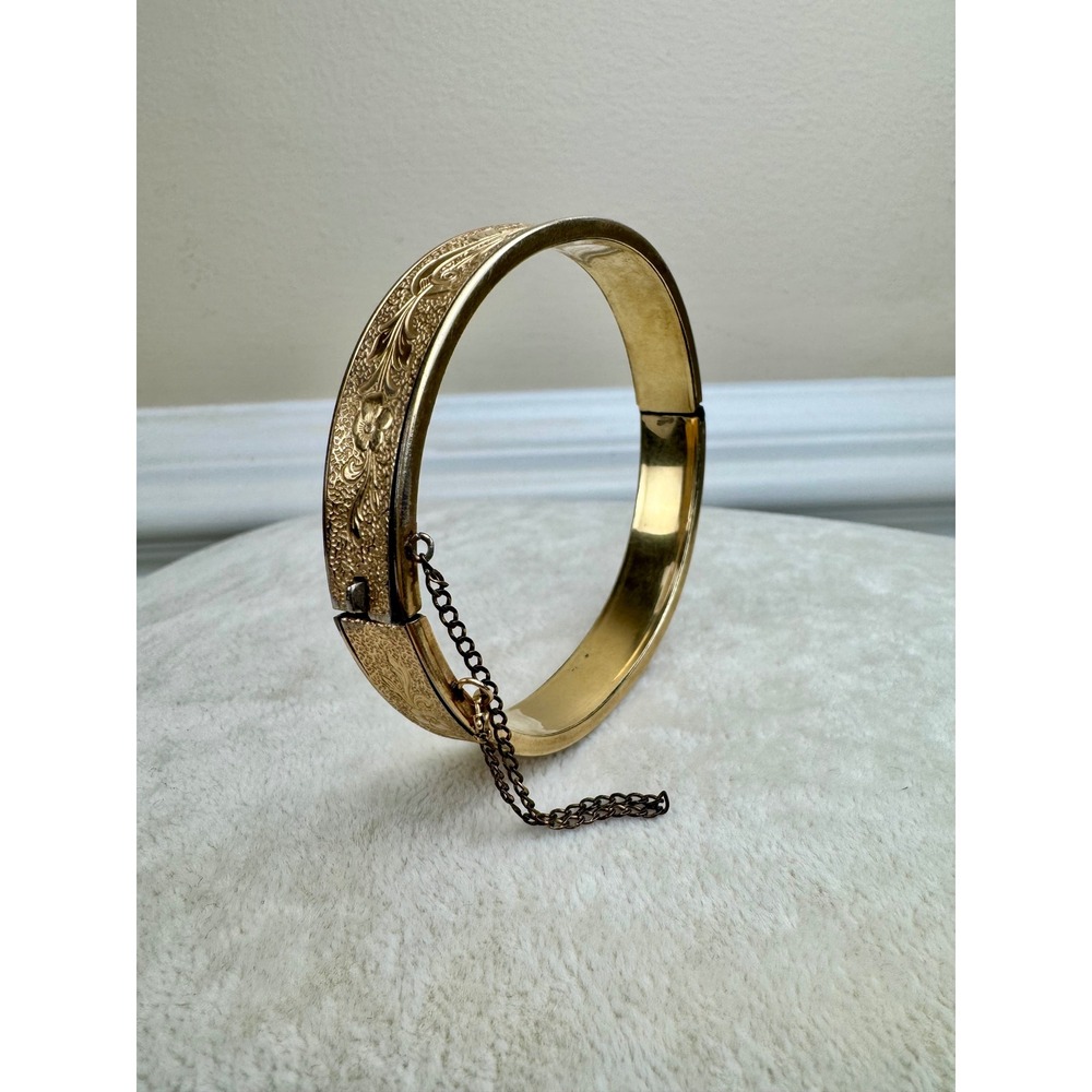 Krementz Vintage Gold Plated Etched Floral Hinged Bangle Bracelet Safety Chain - Picture 7 of 13